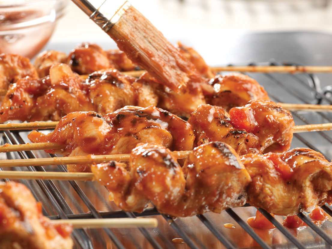 An image of prepared Garlic & Lime Grilled Chicken Skewers made with chicken, Pace® Picante Sauce, garlic and cumin.