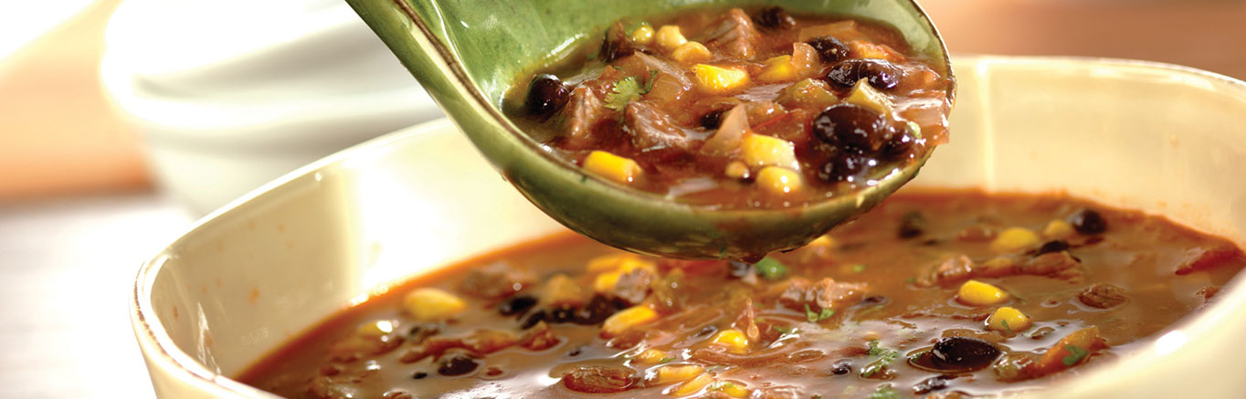 Image of prepared Mexican Black Bean and Beef Soup made with Pace® salsa