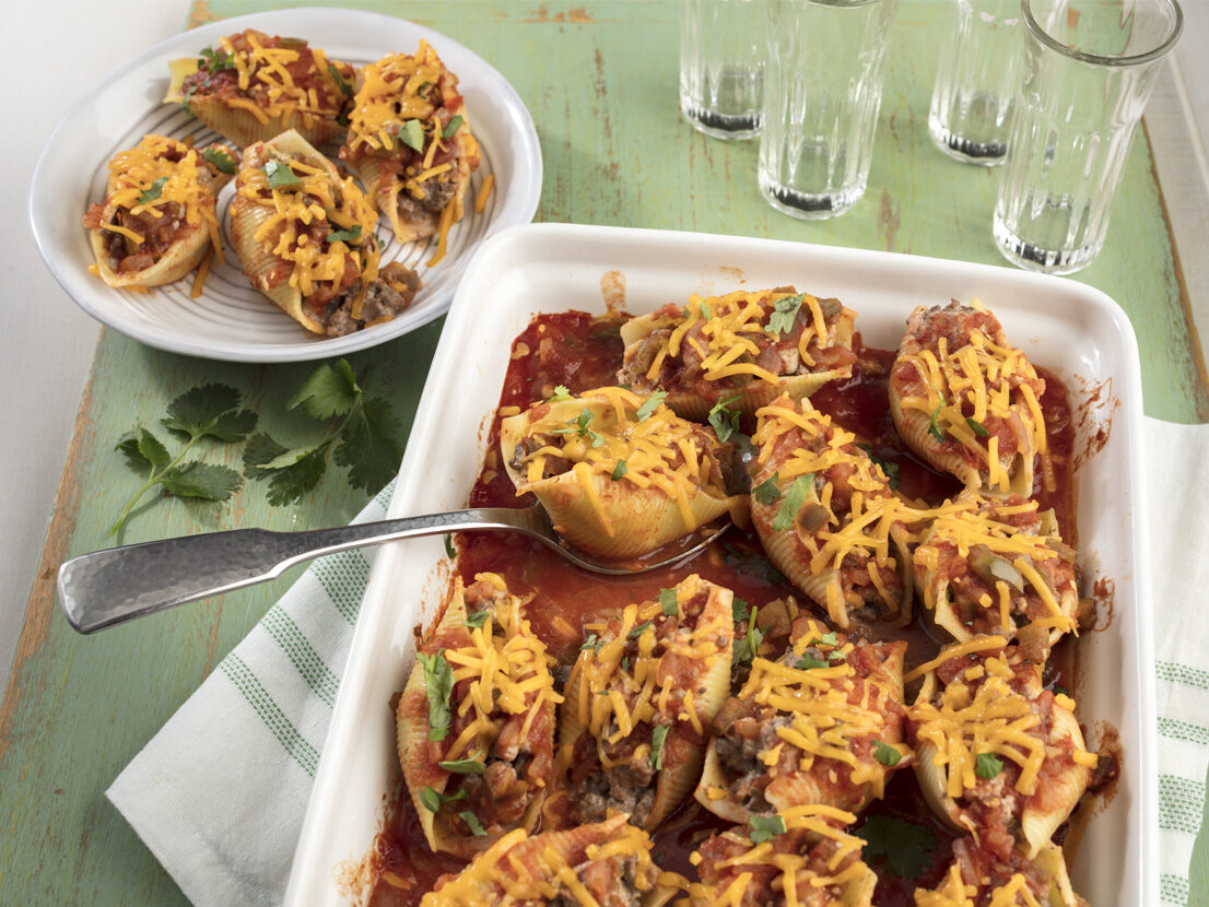 Taco Stuffed Shells Recipe Card Image