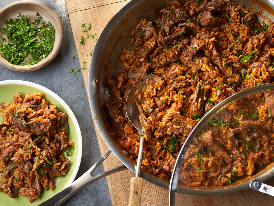 An image of prepared Zesty Beef & Rice Skillet made with beef sirloin steak, Pace® Picante Sauce, Swanson® Beef Broth and white rice.