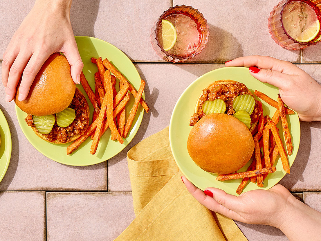 An image of prepared Mexican Sloppy Joes made with ground beef, Pace® Picante Sauce, Pace® Signature Sauces Classic Taco Sauce, ketchup and Pepperidge Farm® Brioche Hamburger Buns.