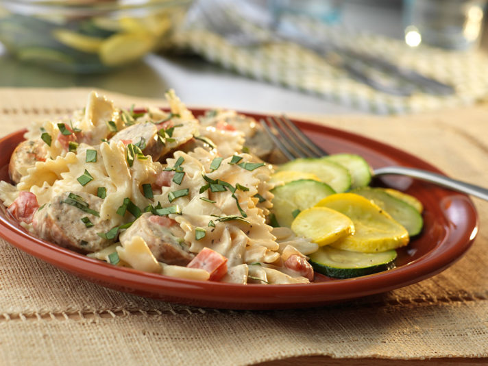 Image of prepared Chicken Sausage with Farfalle Alfredo