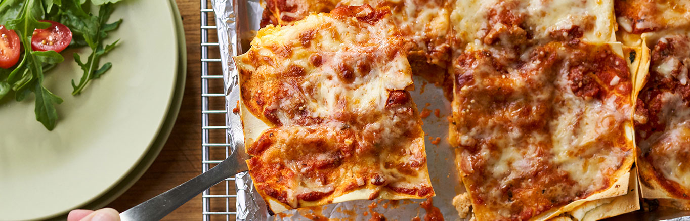 Image of prepared Easy Sheet Pan Lasagna made with Prego® sauce