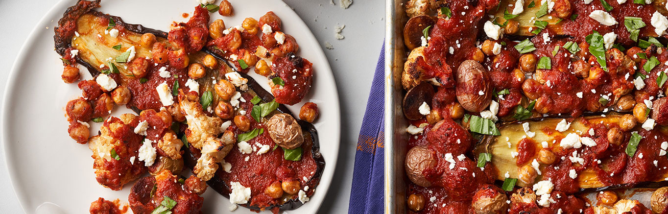 Image of prepared Eggplant Steaks with Roasted Chickpeas & Tomato Balsamic Sauce recipe