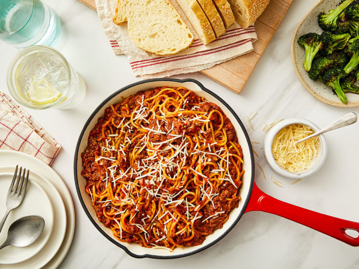 An image of prepared One Pot Spaghetti Bolognese made with ground beef, onion, garlic, Prego® Marinara Italian Sauce, red wine, milk and spaghetti.