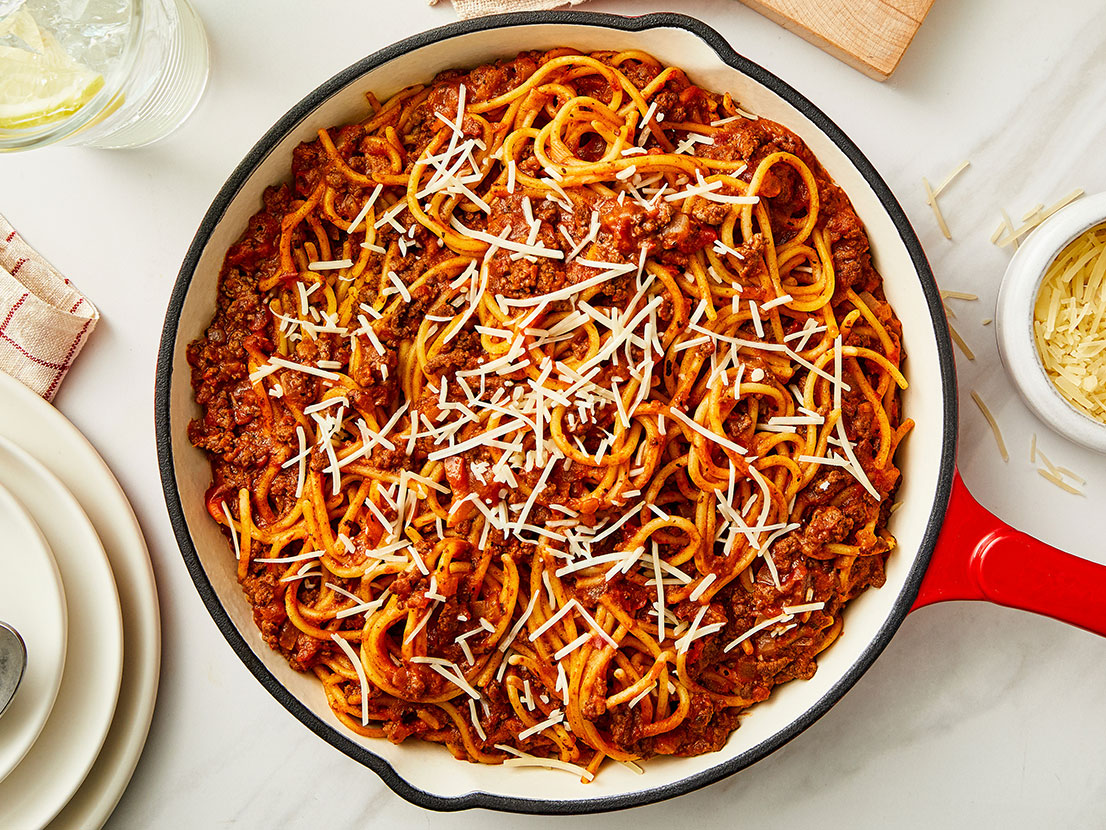 An image of prepared One Pot Spaghetti Bolognese made with ground beef, onion, garlic, Prego® Marinara Italian Sauce, red wine, milk and spaghetti.
