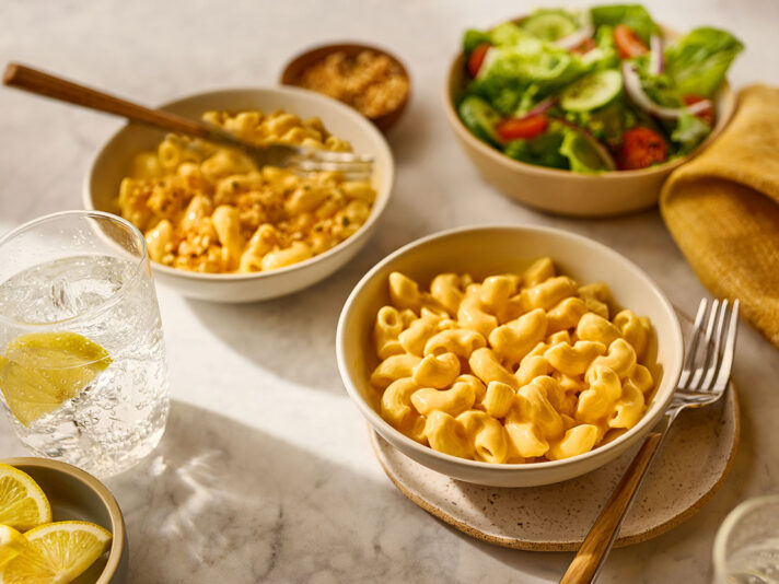 An image of prepared 2-Ingredient Weeknight Mac & Cheese made with elbow macaroni pasta and Prego® Creamy Cheddar Cheese Sauce.