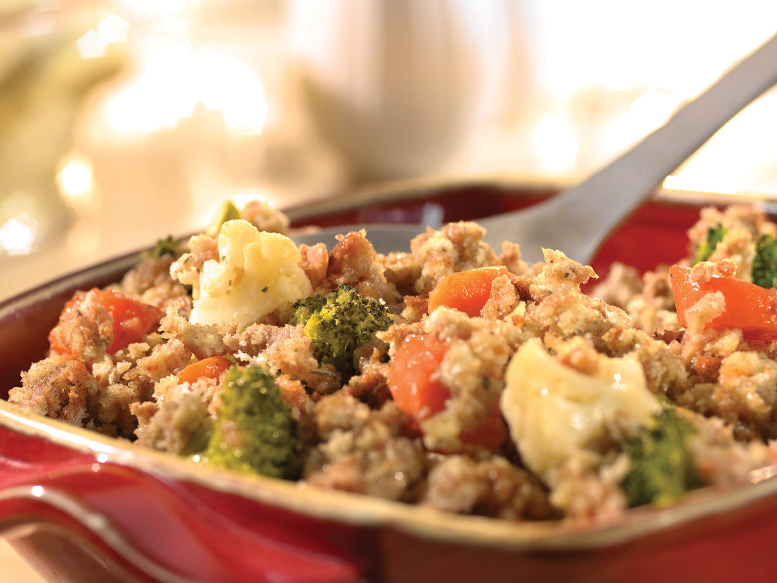 An image of prepared Garden Vegetable Stuffing made with Swanson® Chicken Broth, California vegetable blend and Pepperidge Farm® Seasoned Stuffing.