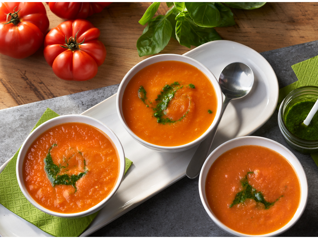 Heirloom Tomato Soup with Basil Pesto | Swanson® Recipes