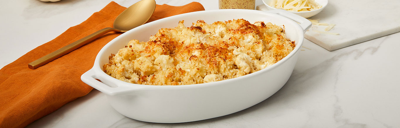 Image of prepared Cauliflower & Gruyere Gratin made with Gruyere cheese, Swanson® Chicken Broth, Dijon and cauliflower.