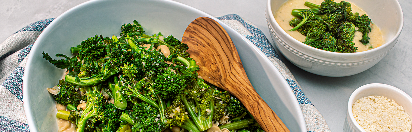 An image of prepared Broccolini & White Beans made with Swanson® Vegetable Broth, broccolini, cannellini beans and Parmesan cheese.