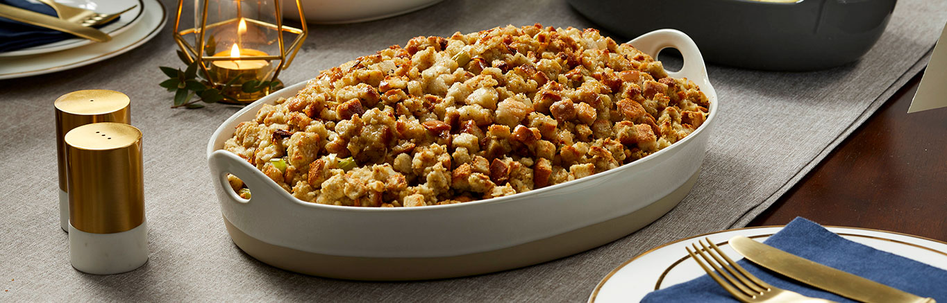 An image of prepared Moist & Savory Stuffing made with butter, celery, onion, Swanson® Chicken Broth and Pepperidge Farm® Herb Seasoned Classic Stuffing.