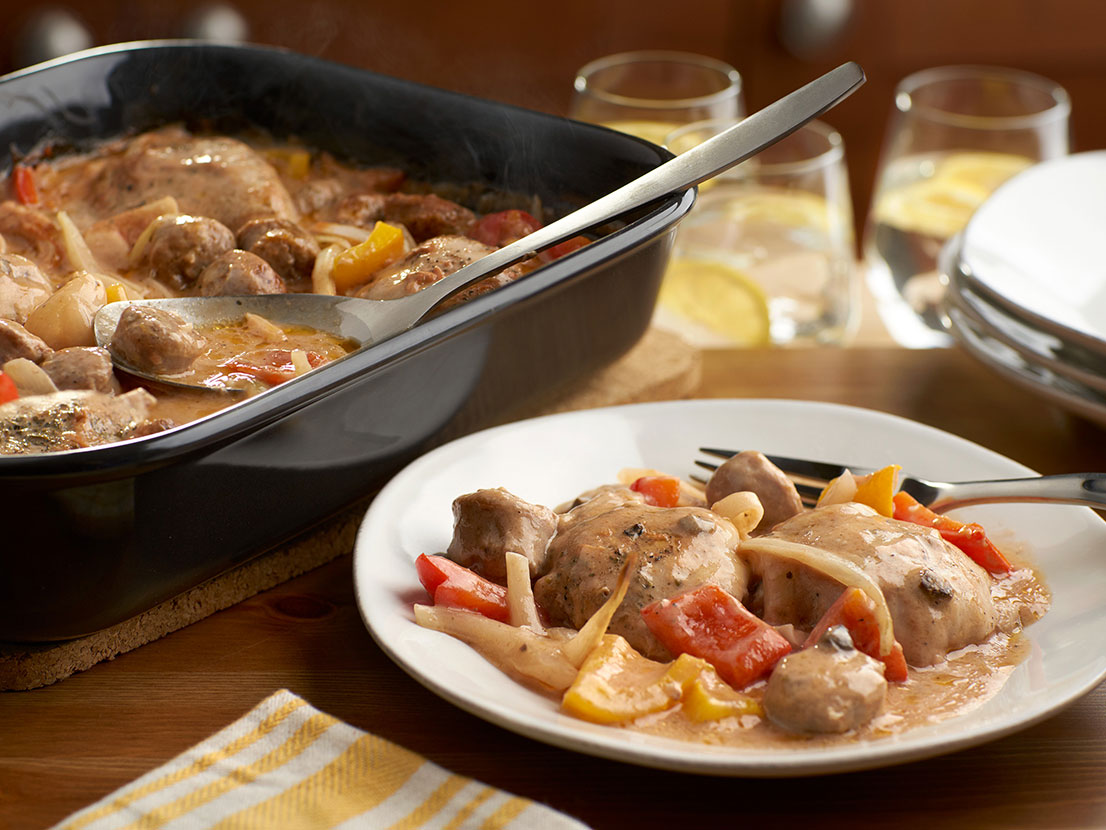 One Dish Creamy Chicken & Sausage Bake | Swanson® Recipes