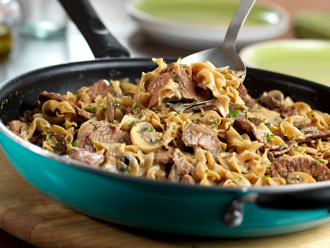 An image of prepared One-Dish Beef Stroganoff made with sirloin steak, onion, Swanson® Beef Broth or Beef Stock, mushrooms, egg noodles and sour cream.