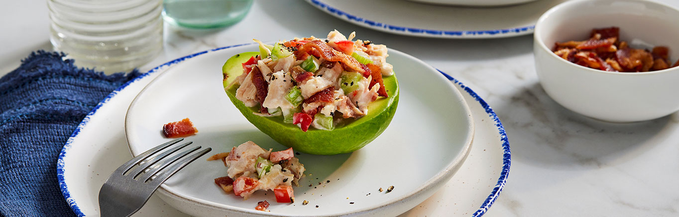 An image of prepared Ranch Chicken Salad made with mayonnaise, ranch dressing, Swanson® Premium White Chicken, bell pepper, bacon, celery and avocado.
