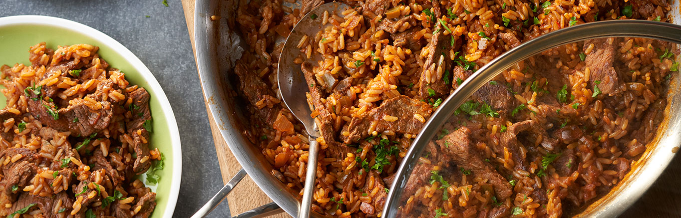 An image of prepared Zesty Beef & Rice Skillet made with beef sirloin steak, Pace® Picante Sauce, Swanson® Beef Broth and white rice.