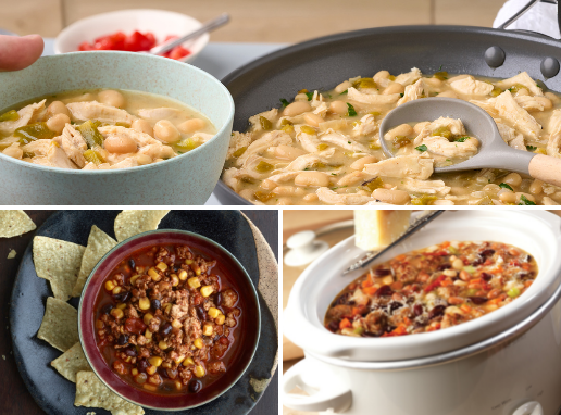 Three small prepared images of chili and stew