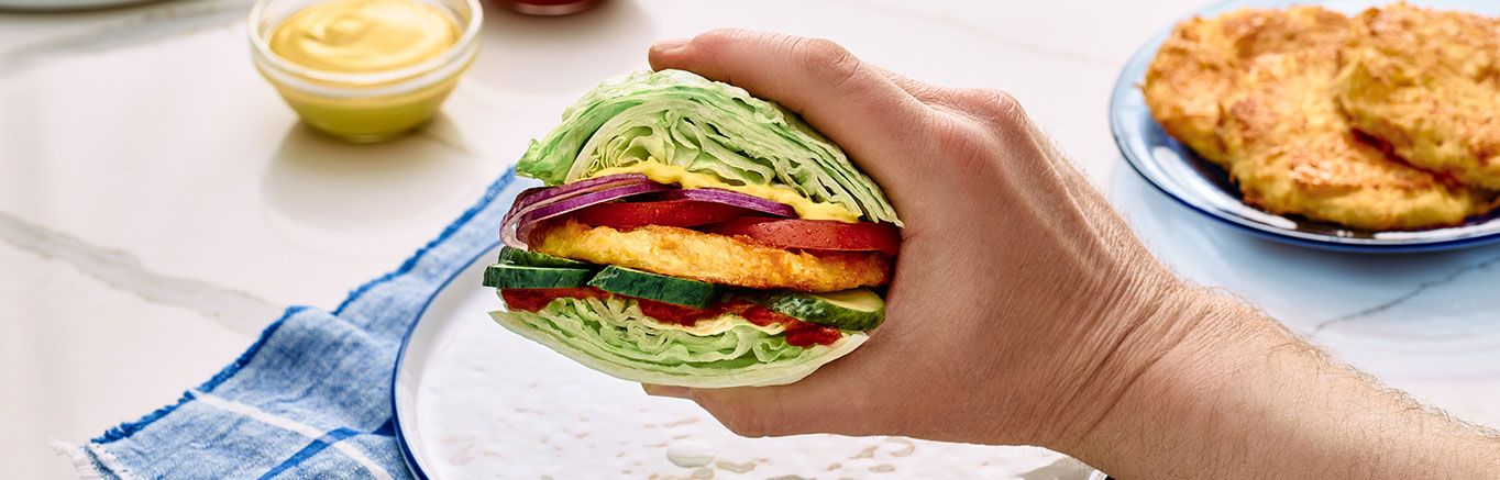 An image of prepared 3-Ingredient Chicken Patties made with Swanson® Premium White Chicken Breast in Water, Cheddar cheese and egg.