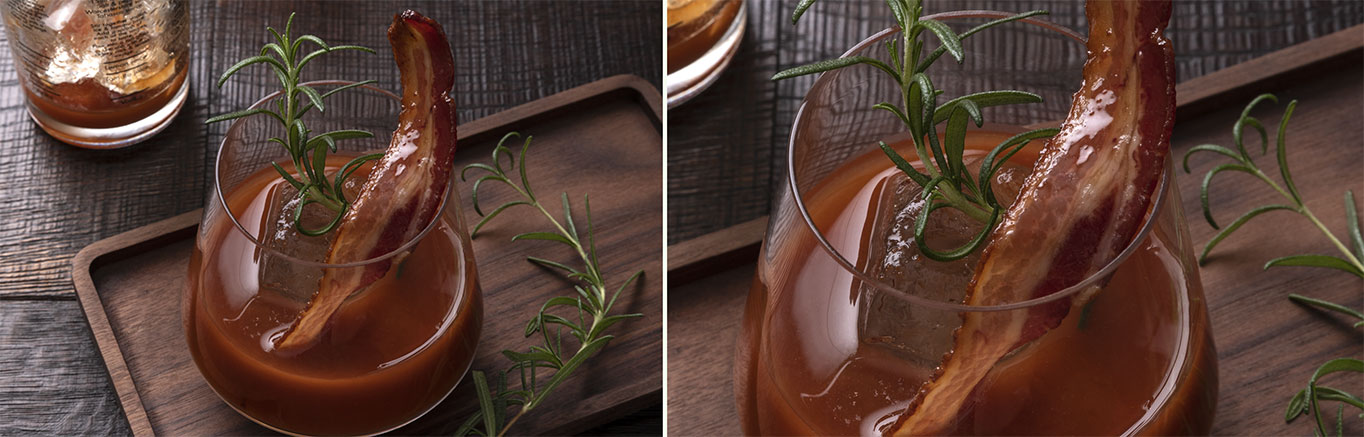An image of prepared Bourbon and Bacon Bloody Mary made with V8® 100% Vegetable Juice, bourbon, maple syrup, bacon and rosemary.
