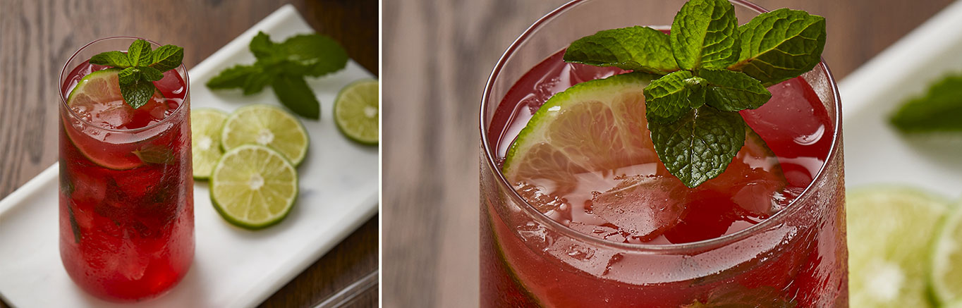 An image of prepared Blueberry Pomegranate Mojito made with V8® Energy Pomegranate Blueberry, rum, lime juice and simple syrup.