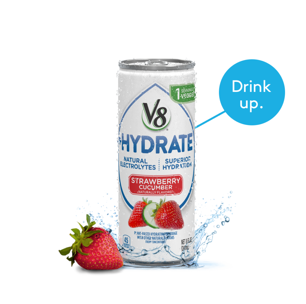 V8 +HYDRATE  Strawberry Cucumber Can. Drink Up.