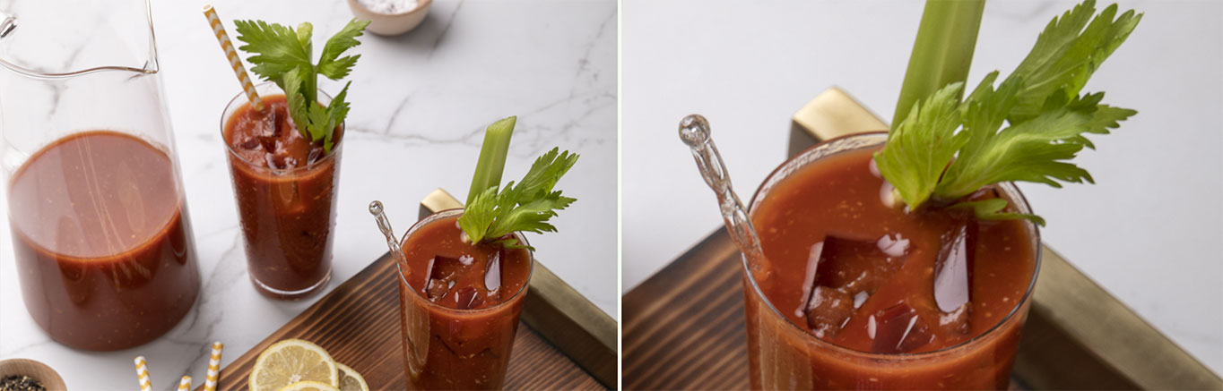 An image of prepared Bloody Mary made with V8® 100% Vegetable Juice, lemon juice, Worcestershire, horseradish, celery salt, hot pepper sauce, vodka and celery.
