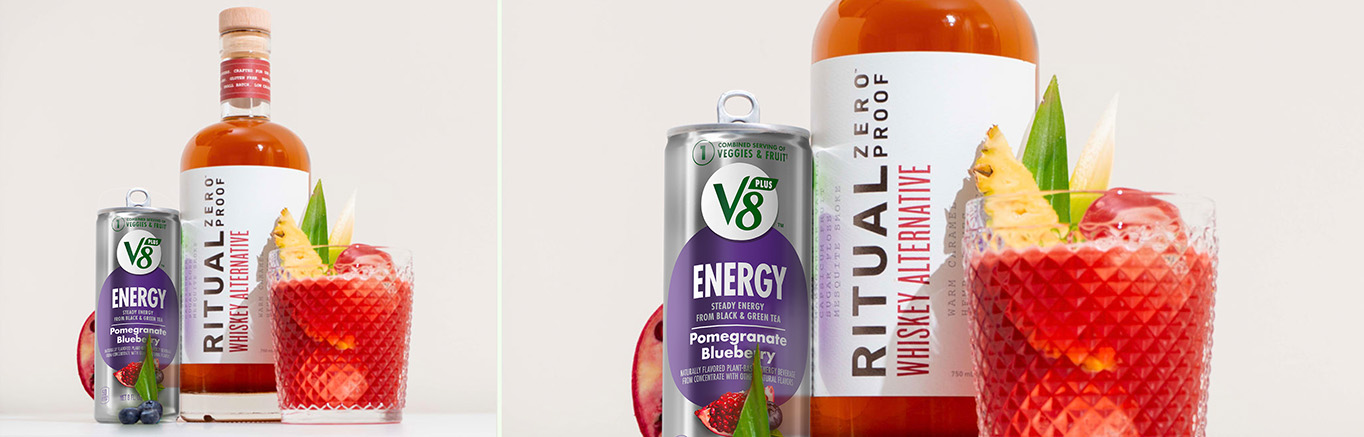 An image of prepared Pineapple Pom Shaker made with pineapple, V8 Energy® Pomegranate Blueberry, Ritual Zero Proof Whiskey Alternative and cinnamon.