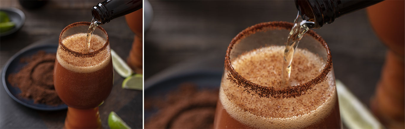 An image of prepared Michelada made with V8® 100% Vegetable Juice, lime juice, Worcestershire sauce, chili powder and Mexican beer.