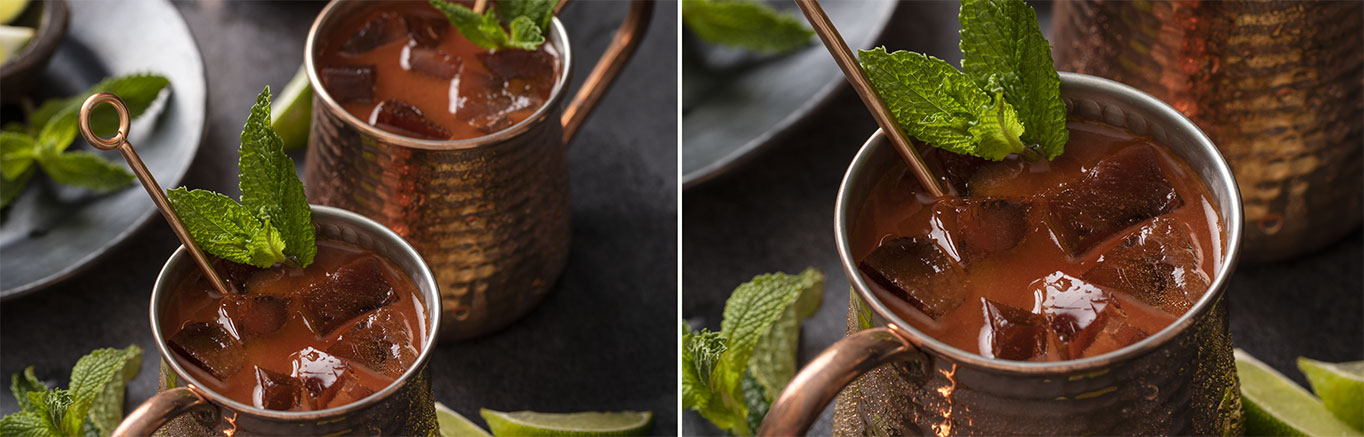 An image of prepared Moscow Mule Mary made with V8® 100% Vegetable Juice, ginger vodka, ginger beer and lime juice.