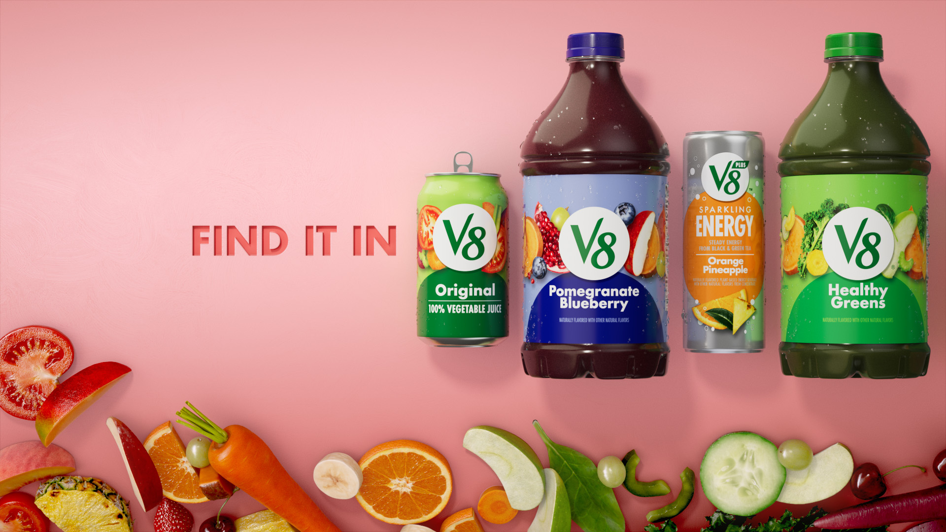 Various V8 products against a pink background with fruit and vegetables