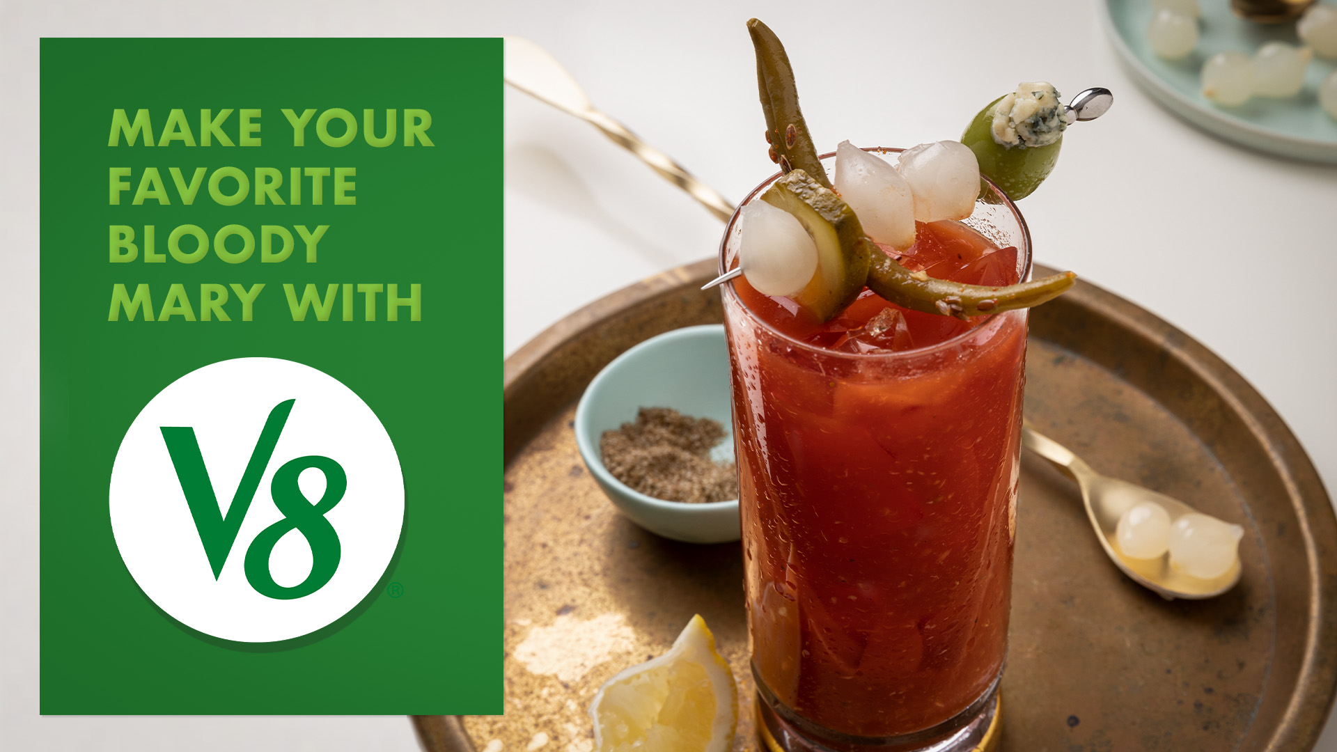 Make your favorite bloody mary with V8. Includes photo of Bloody Mary in a glass. 