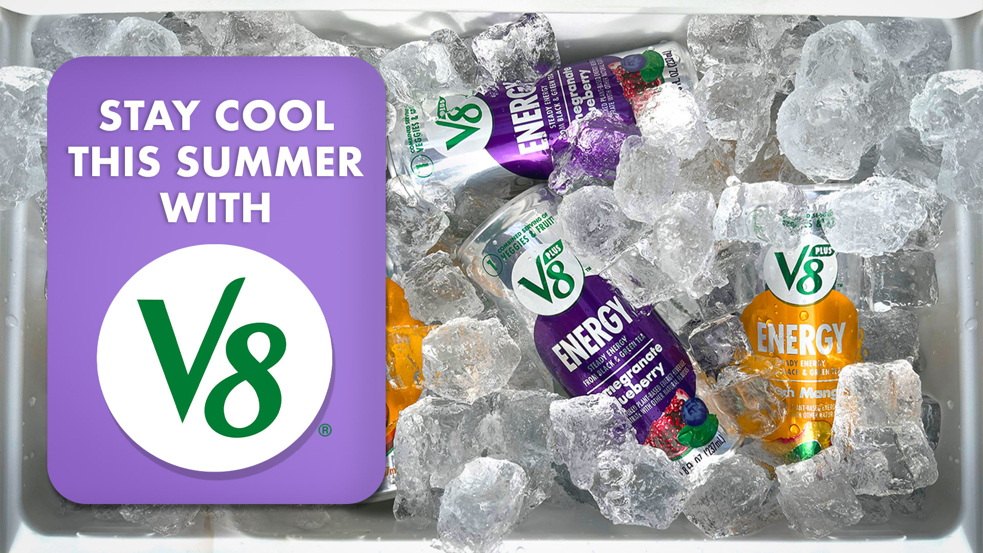 V8 Energy products in a cooler with ice. 