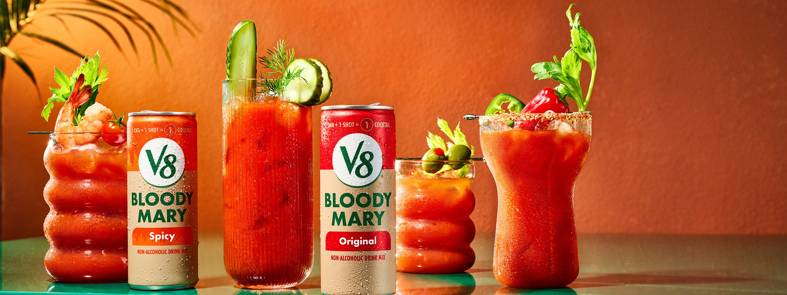 V8 Bloody Mary flavor variations in a can with mixed drinks