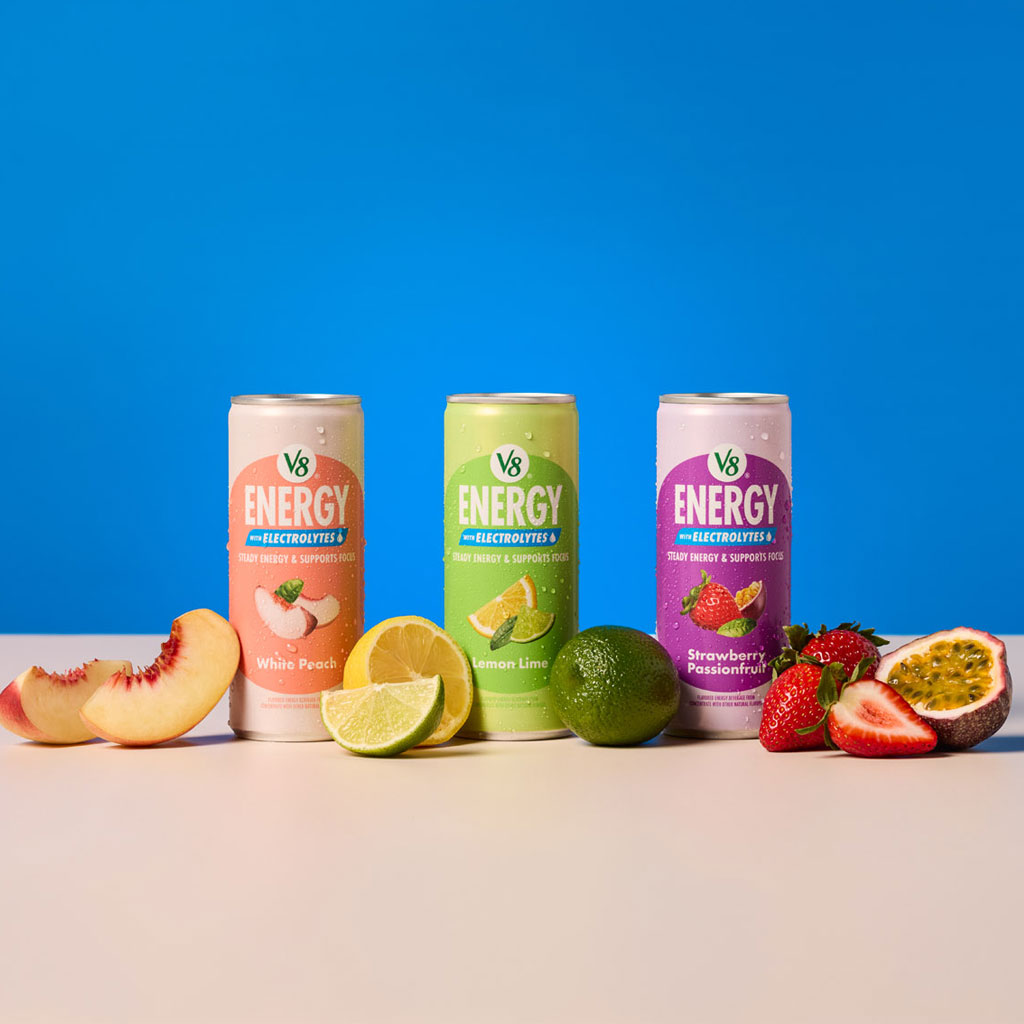 V8® Energy with Electrolytes beverage cans displayed side by side, showcasing the available fruit-forward flavors in the product lineup.