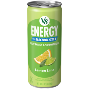 V8® Energy with Electrolytes Lemon Lime energy drink can featuring 80mg of caffeine from black and white tea