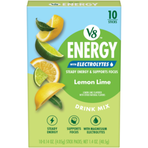 V8® Energy with Electrolytes Lemon Lime energy drink can featuring 80mg of caffeine from black and white tea.