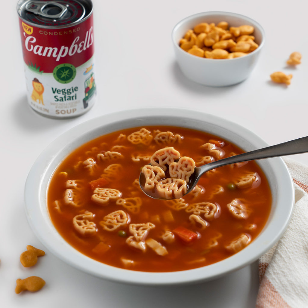 Veggie Safari soup in bowl with can in background