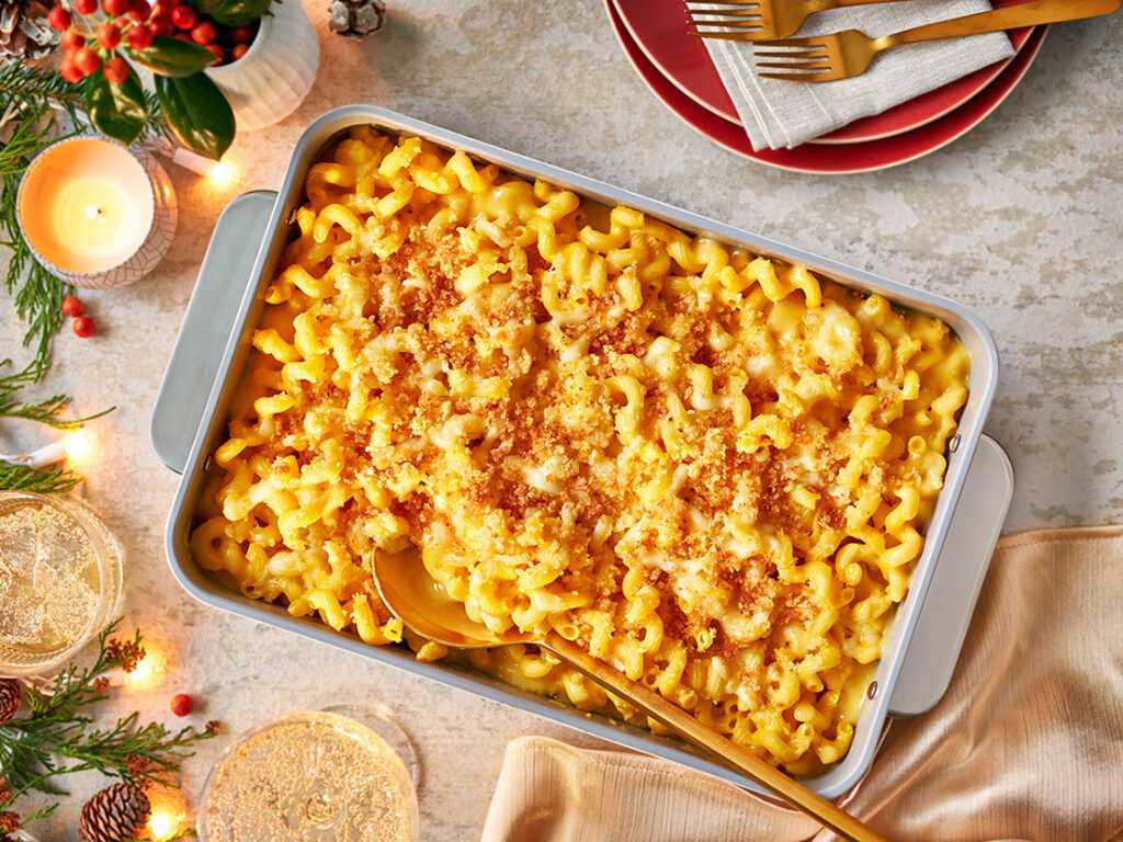 An image of prepared Creamy Double Cheddar Mac & Cheese featuring cavatappi pasta, Campbell's® Condensed Cheddar Cheese Soup and white Cheddar cheese topped with panko.