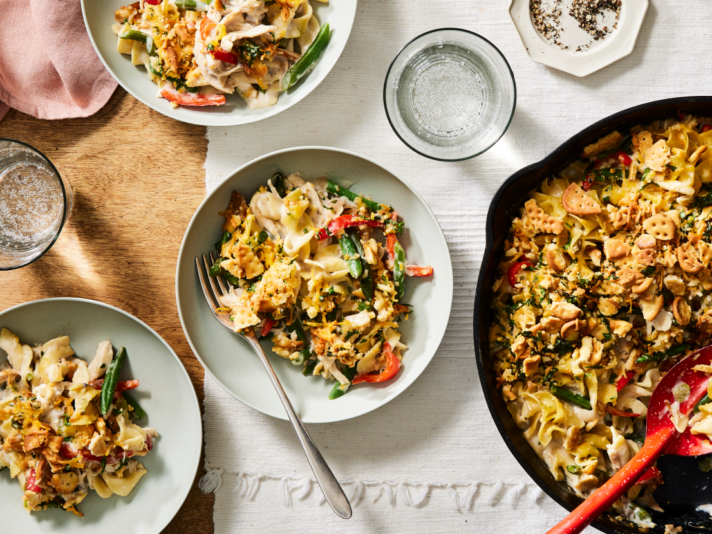 Image of Turkey Noodle Skillet Bake made with Campbell’s® Cream of Mushroom Soup, chicken broth, egg noodles, turkey or chicken and more!