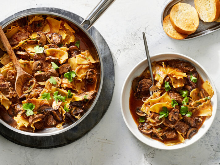 Image of prepared Rustic Beef & Mushroom Pasta made with lasagna noodles, steak, cremini mushrooms, Campbell's® Condensed French Onion Soup and thyme.